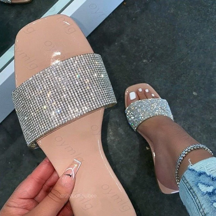 Summer Sandals Women Flip Flops Rhinestone Flat Sandals Ladies Slippers Shoes Female Round Toe Bling Luxury Sandalias Mujer 43