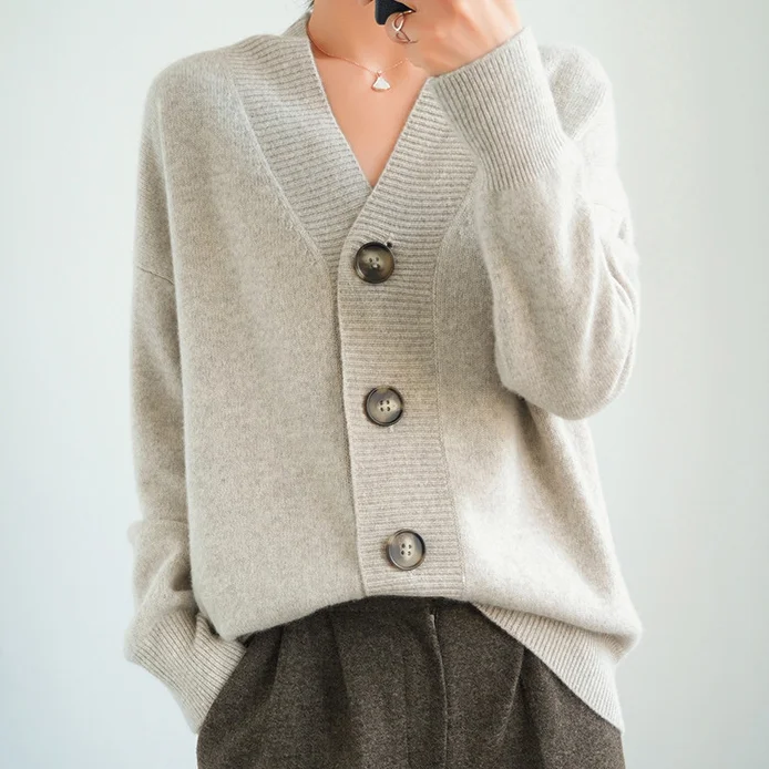 Vintage Loose Solid Color V Neck Buttoned Sweater Cardigan