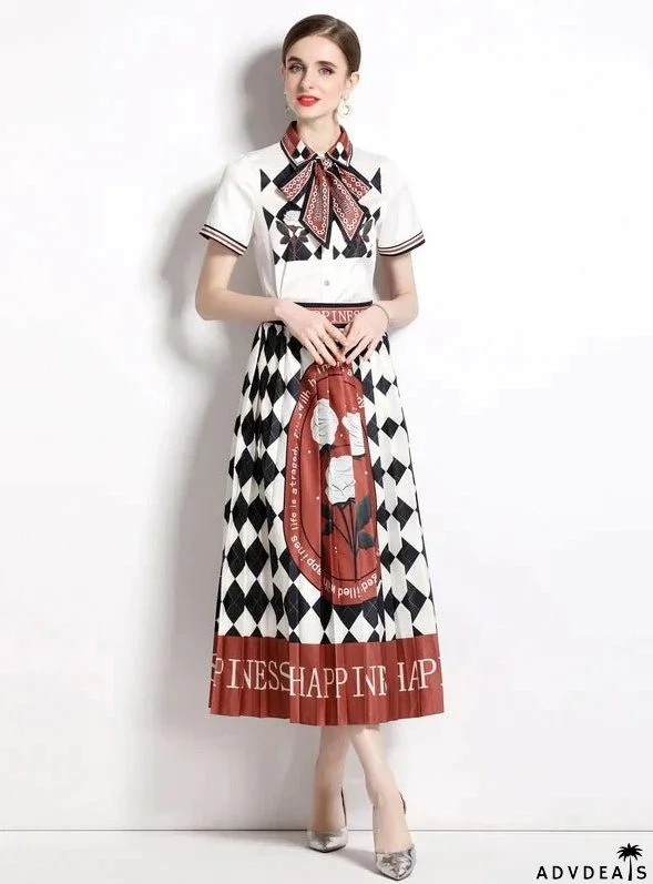 Printed Lapel Shirt and Pleated Skirt Two-Piece Suit