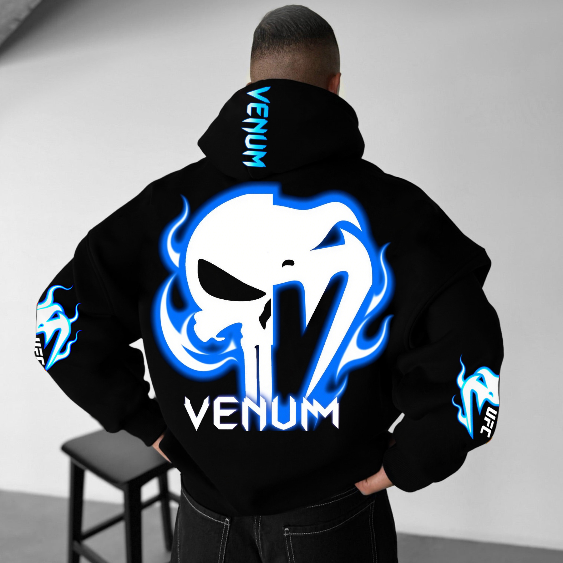 Men's Black Loose Casual Fighting Print Hooded Sweatshirt / TECHWEAR CLUB / Techwear