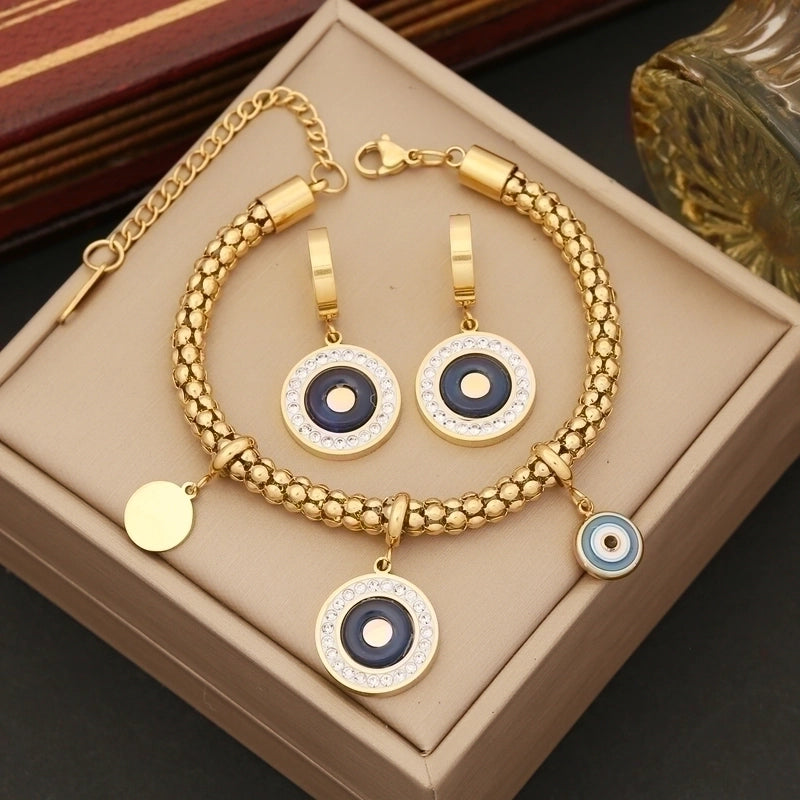 Ins Style Round Stainless Steel Inlay Rhinestones Bracelets Earrings Necklace