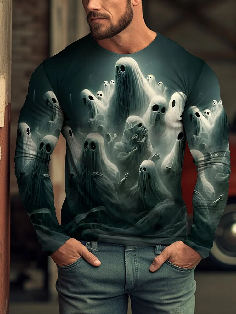 Men's Halloween Ghost Oil Painting Art Fun Casual Print Long Sleeve T-Shirt