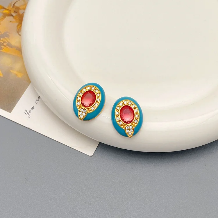 Elliptical zirconium inlaid water drop glaze earrings