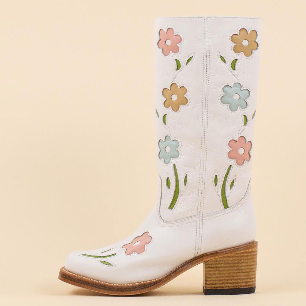 Square Toe Block Heel Flower Mid Calf Cowgirl Boots in White