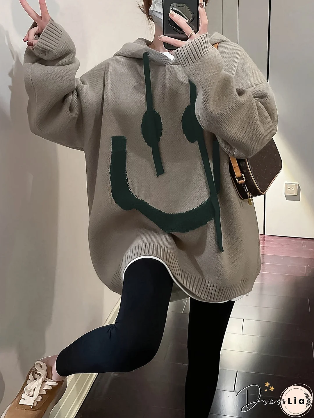 Casual Chic Oversized Smile Face Print Drawstring Sweater