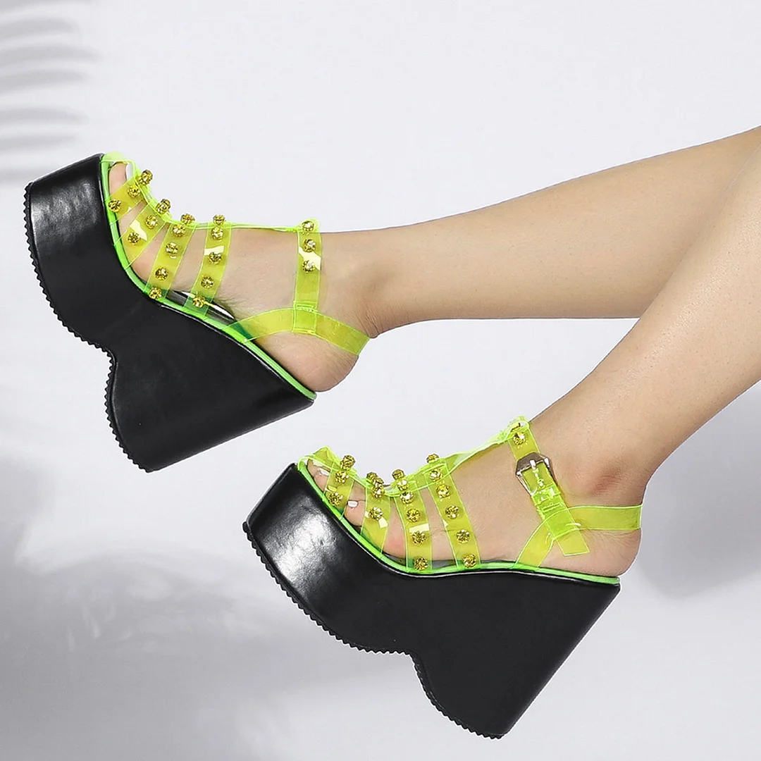 Women Sandals High Heels Rhinestone Fashion Sandals Wedge Platform Fluorescent Green Plus Size Heel Sandals