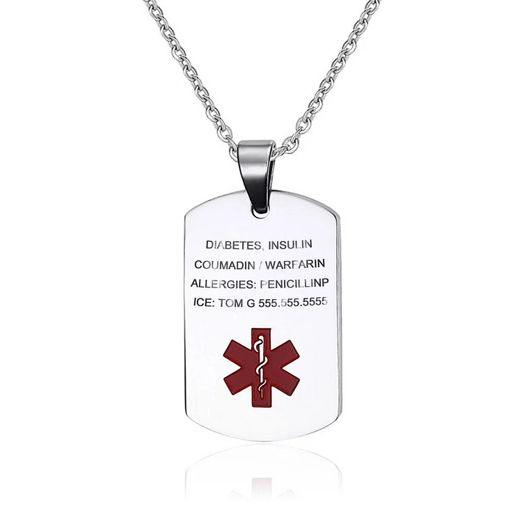 Personalized ID Necklace for Men Kids Engraved 2 Sides Life Saving Emergency ID Necklace