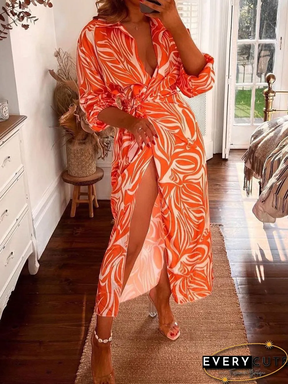 Women'S Dresses Printed Lapel Collar Long Sleeve Slit Dress