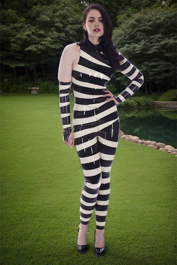 Women Latex Catsuits Asymmetrical Black White 