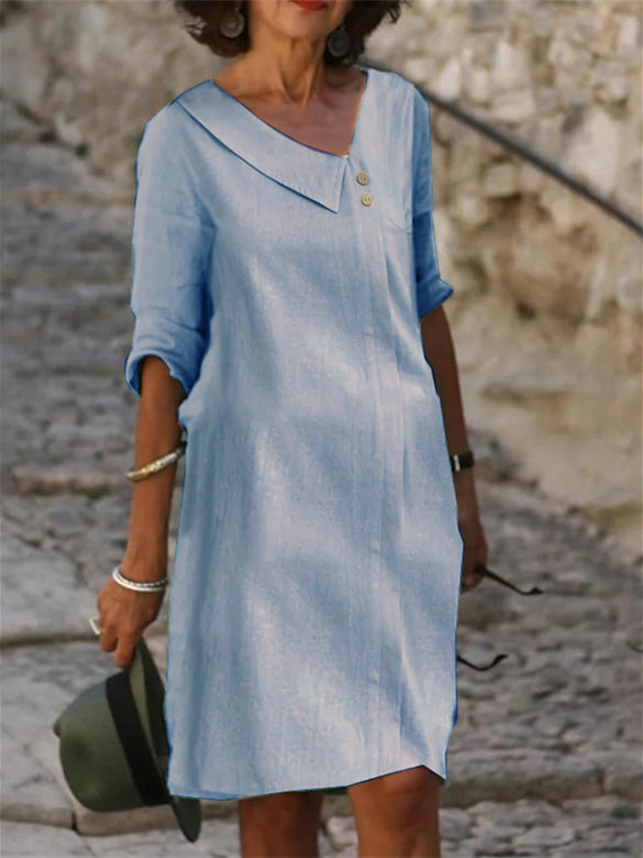 Women's Button Solid Color V-Neck Half Sleeve Maxi Dress