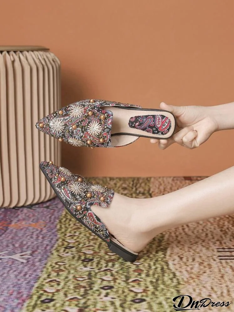 Women Rhinestone Decor Paisley Pattern Point Toe Flats, Fashion Faux Suede Mule Flats
