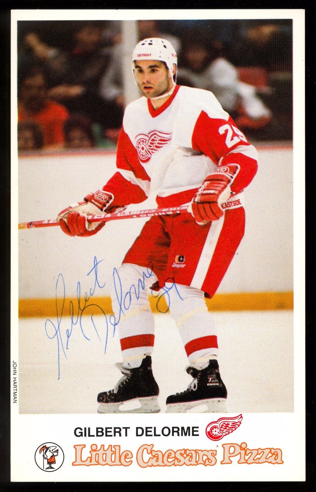 1980'S GILBERT DELORME AUTOGRAPH SIGNED ON PROMOTIONAL RED WINGS TEAM Photo Poster painting CARD