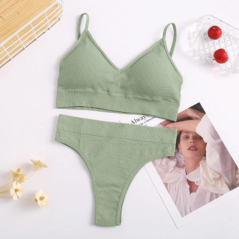 Women Bra Set Sexy Lingerie Suit Underwear Brassiere + Thong Panties Female Tank Crop Tops Set Bralette Black Blue Solid Color