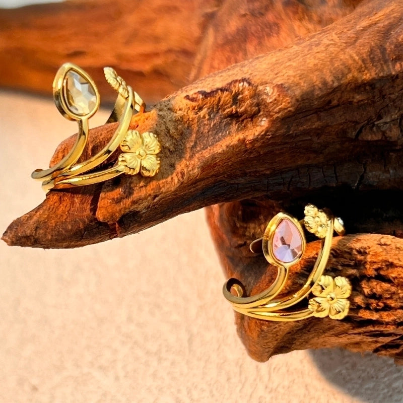 Casual Retro Classic Style Flower 304 Stainless Steel Zircon 18K Gold Plated Plating Open Rings