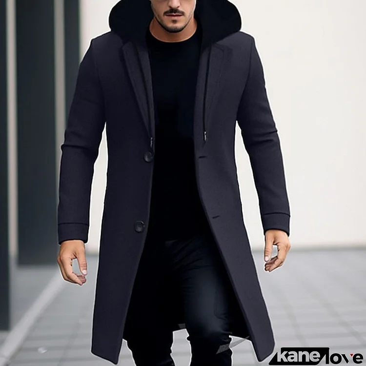 Men's Winter Wool Coat Casual Plain Double-Deck Lapel Collar Zipper Hooded Trench Coat