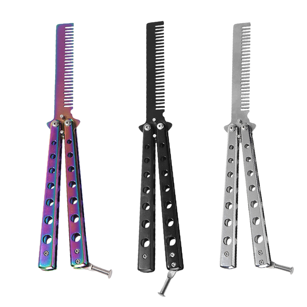 

Foldable Comb Stainless Steel Practice Training Butterfly Knife Beard Brush, Silver, 501 Original