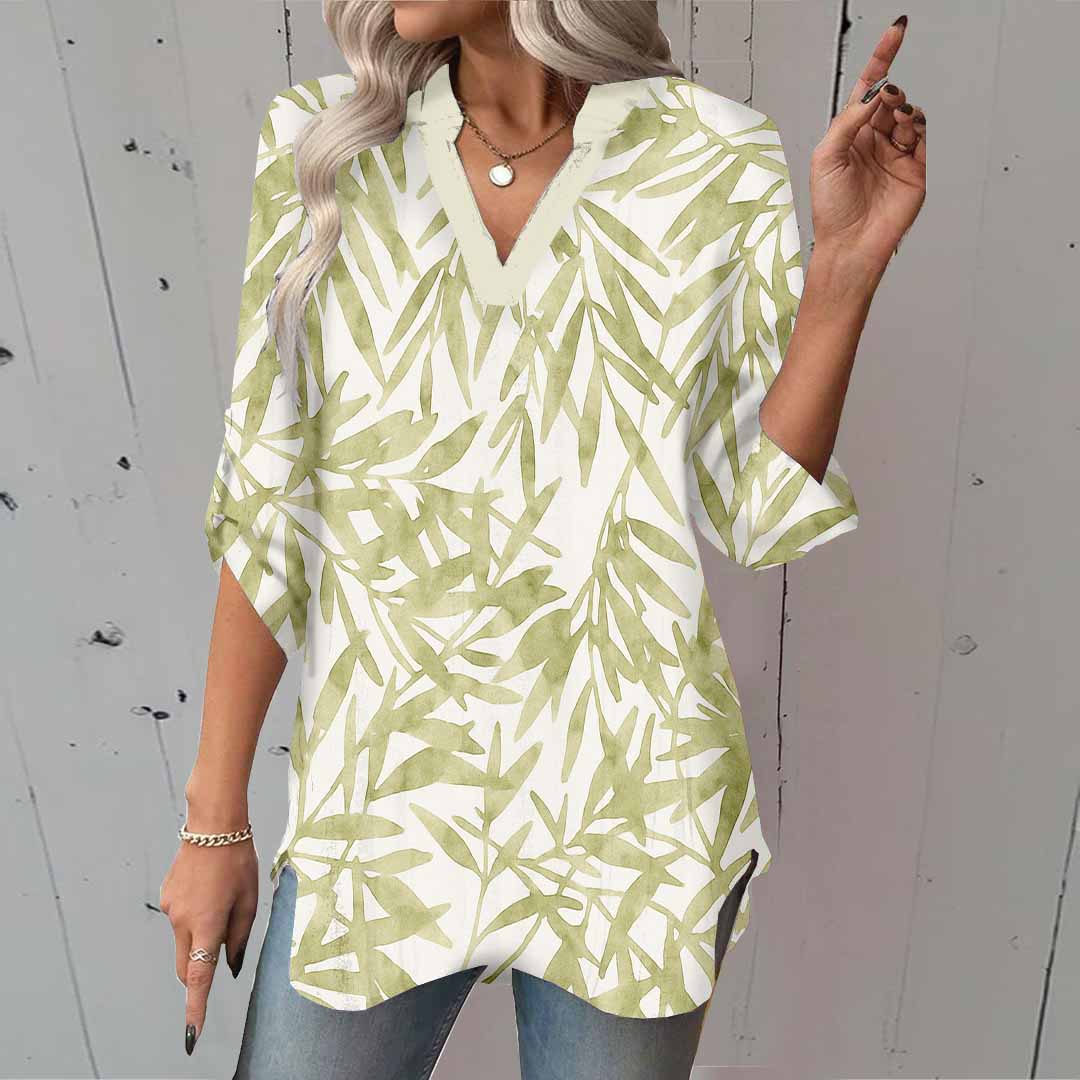 Women Leaves,Green DZGA0274 3/4 Sleeve V-neck Printed Graphic Button Tops