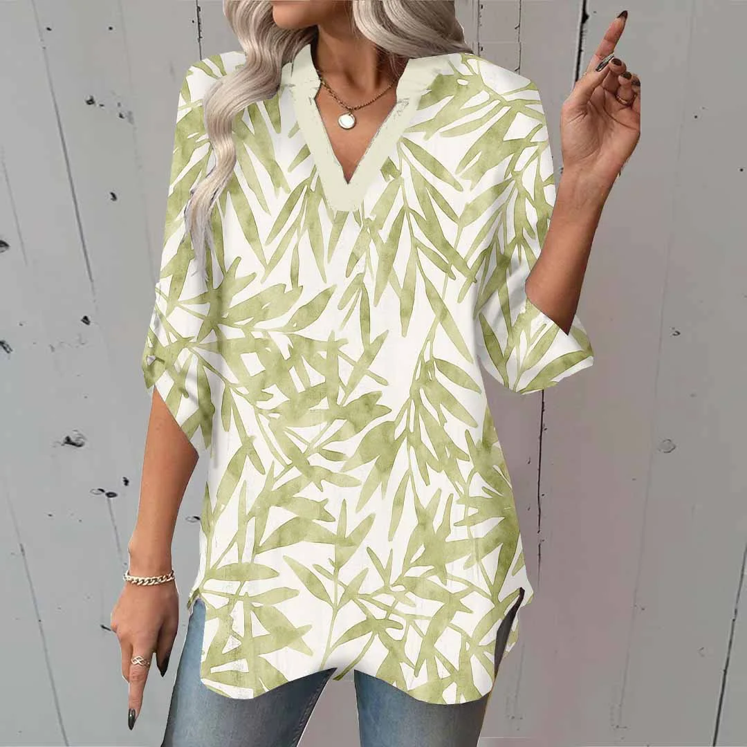 Women Leaves,Green DZGA0274 3/4 Sleeve V-neck Printed Graphic Button Tops