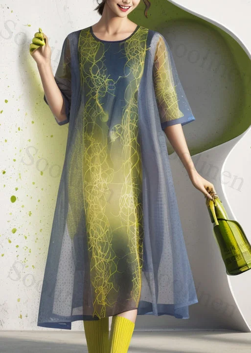Organic Colorblock O Neck Print Silk Dress Summer