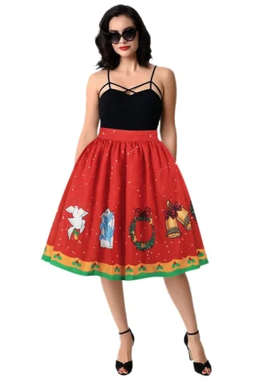 Womens Cute Christmas Printed Pleated Skirt Orange Red-elleschic
