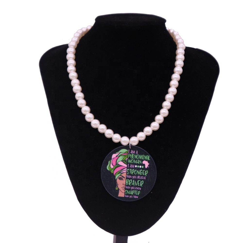 Handmade African Styles 10MM Pearl Chain Colorful Printing Stronger Braver Smarter Women Wooden Necklace