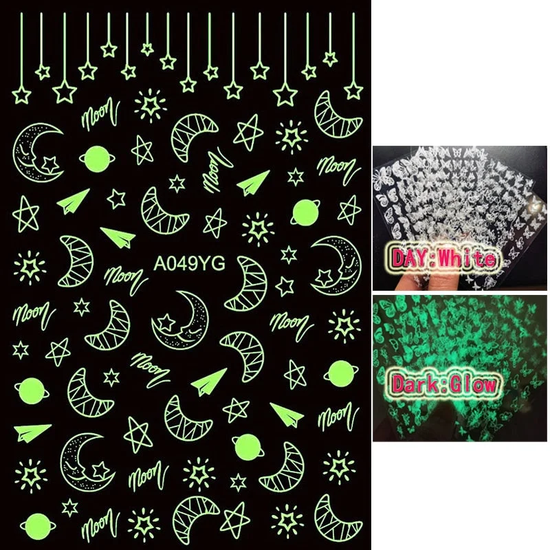 New Arrive Nail Art Sticker Decal Decoration Glow In Dark Butterfly Nail Stickes Back Glue Moon Manicure Sticker on Nails Design