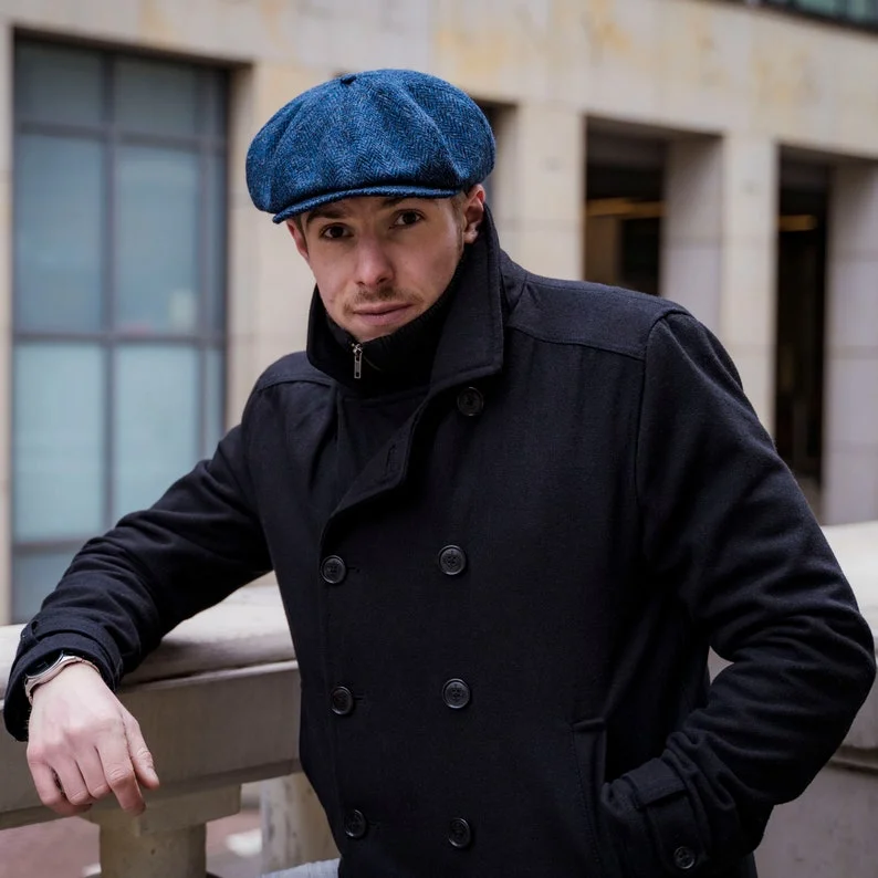 PEAKED CAPS Genuine Scottish Harris Tweed 8 Panels Newsboy Cap Apple Bandit Hooligan Blinder Hat Shelby Wool Large Crown BLUE-bLACK