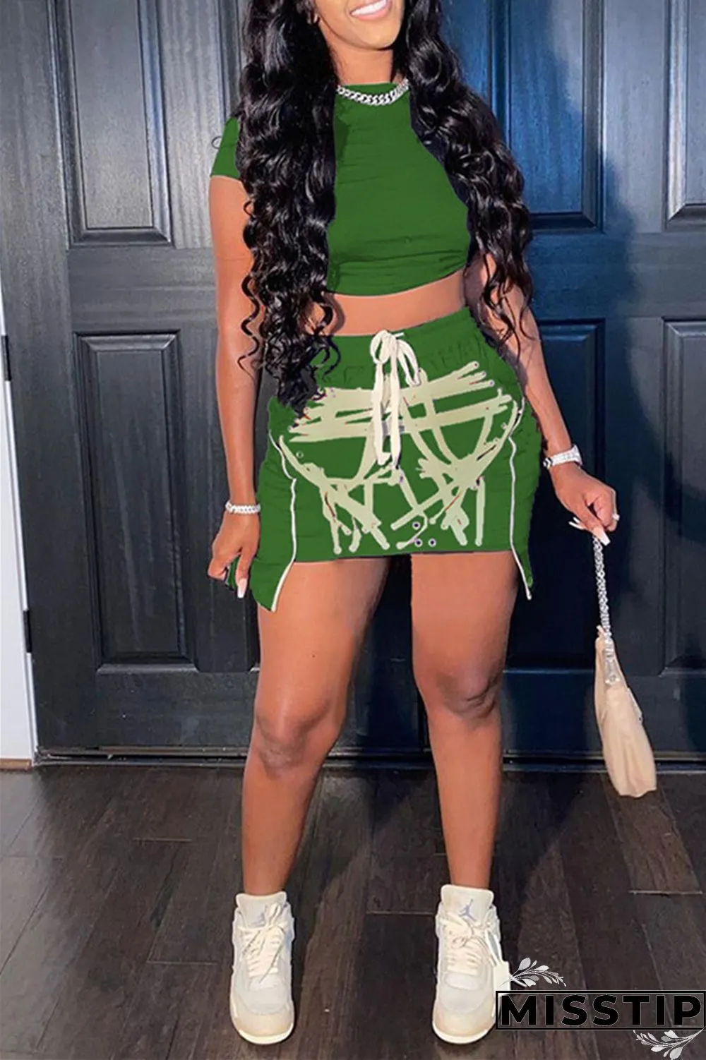 Green Fashion Sexy Print Asymmetrical O Neck Short Sleeve Two Pieces
