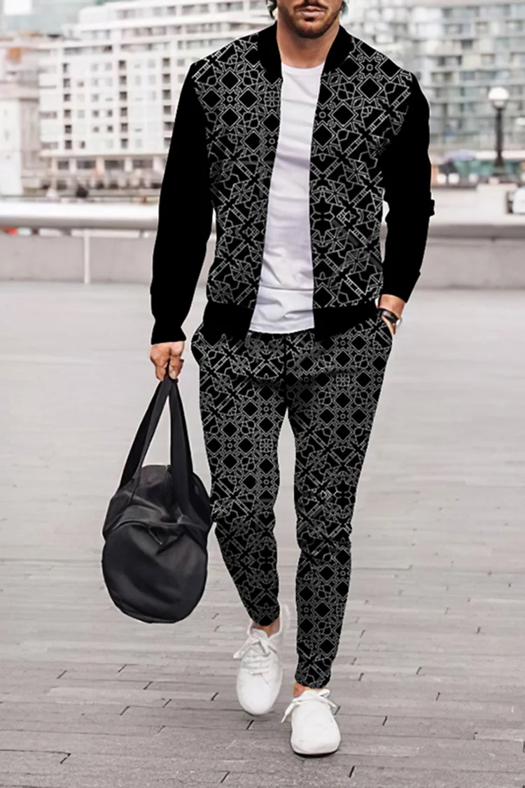 Men's Dark Pattern Casual Standing Collar Jacket And Pants