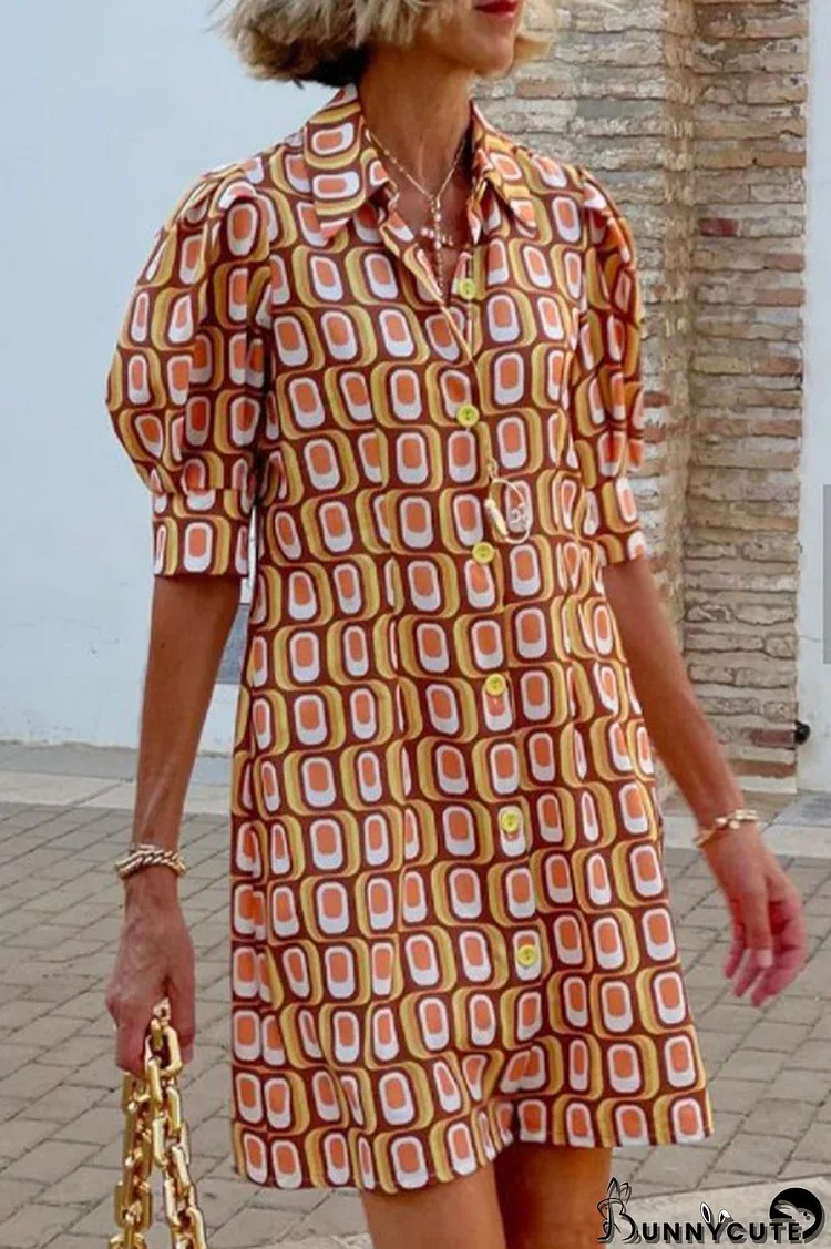 Casual Sweet Geometric Printing Turndown Collar Shirt Dress Dresses