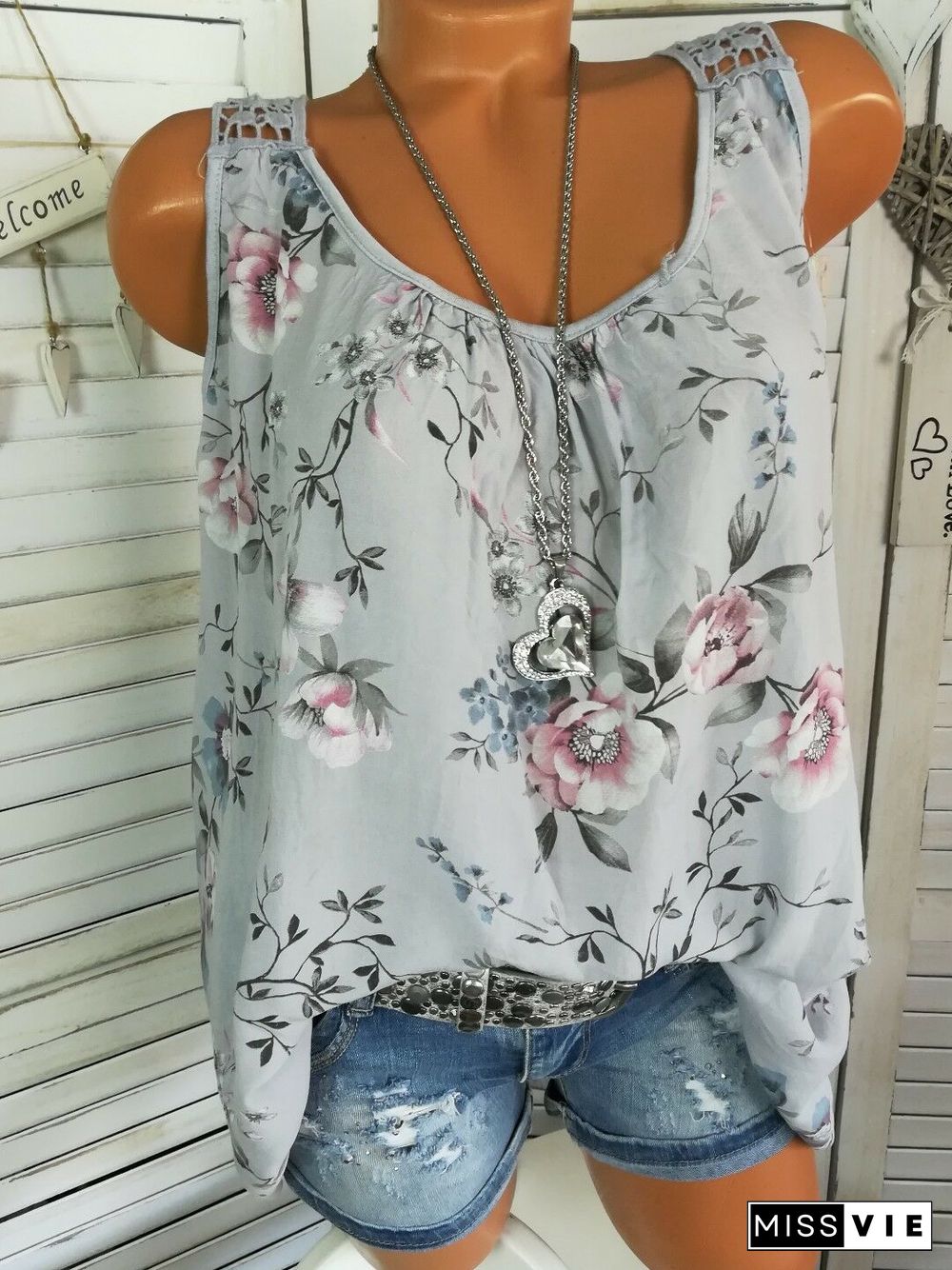 Women's Floral Printed Lace Stitching Sleeveless Tops Blouse