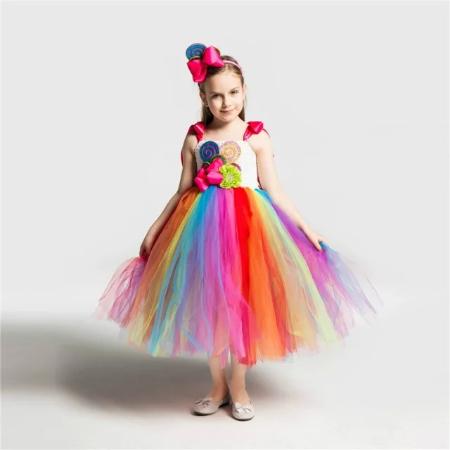 Girls Rainbow Candy Tutu Dress Cosplay Halloween Costume For Kids-elleschic