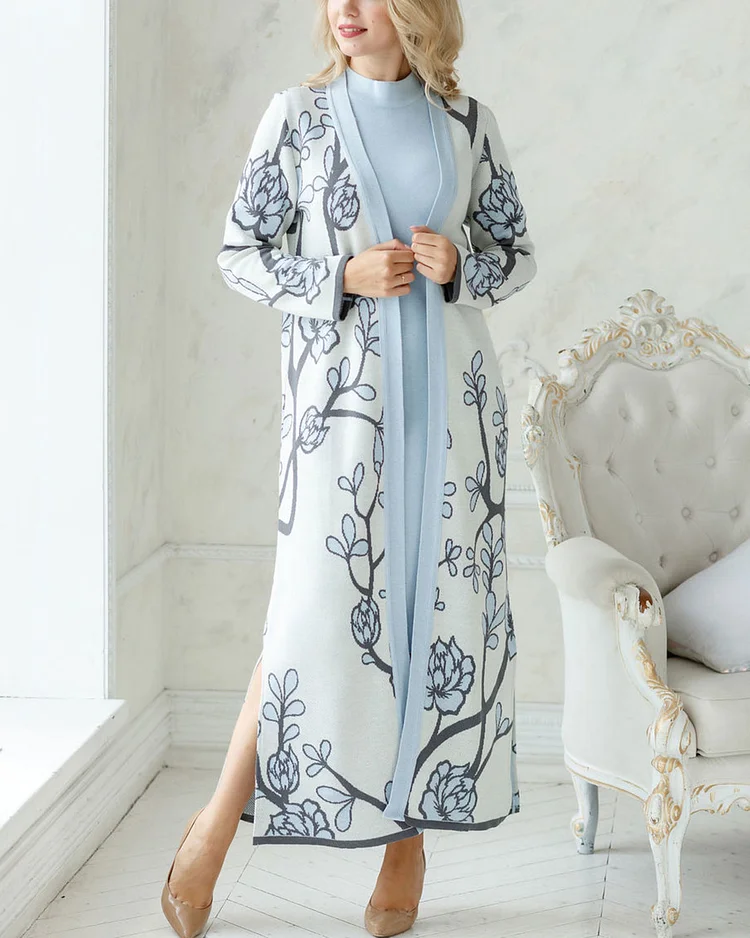 Elegant jacquard knitted cardigan and dress two-piece set