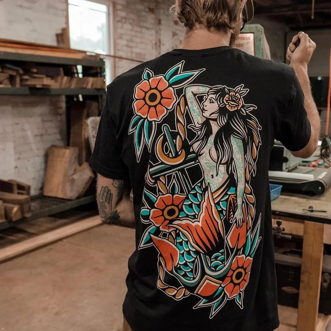 Mythology Goddess with Flowers Graphic Casual Black Print T-shirt