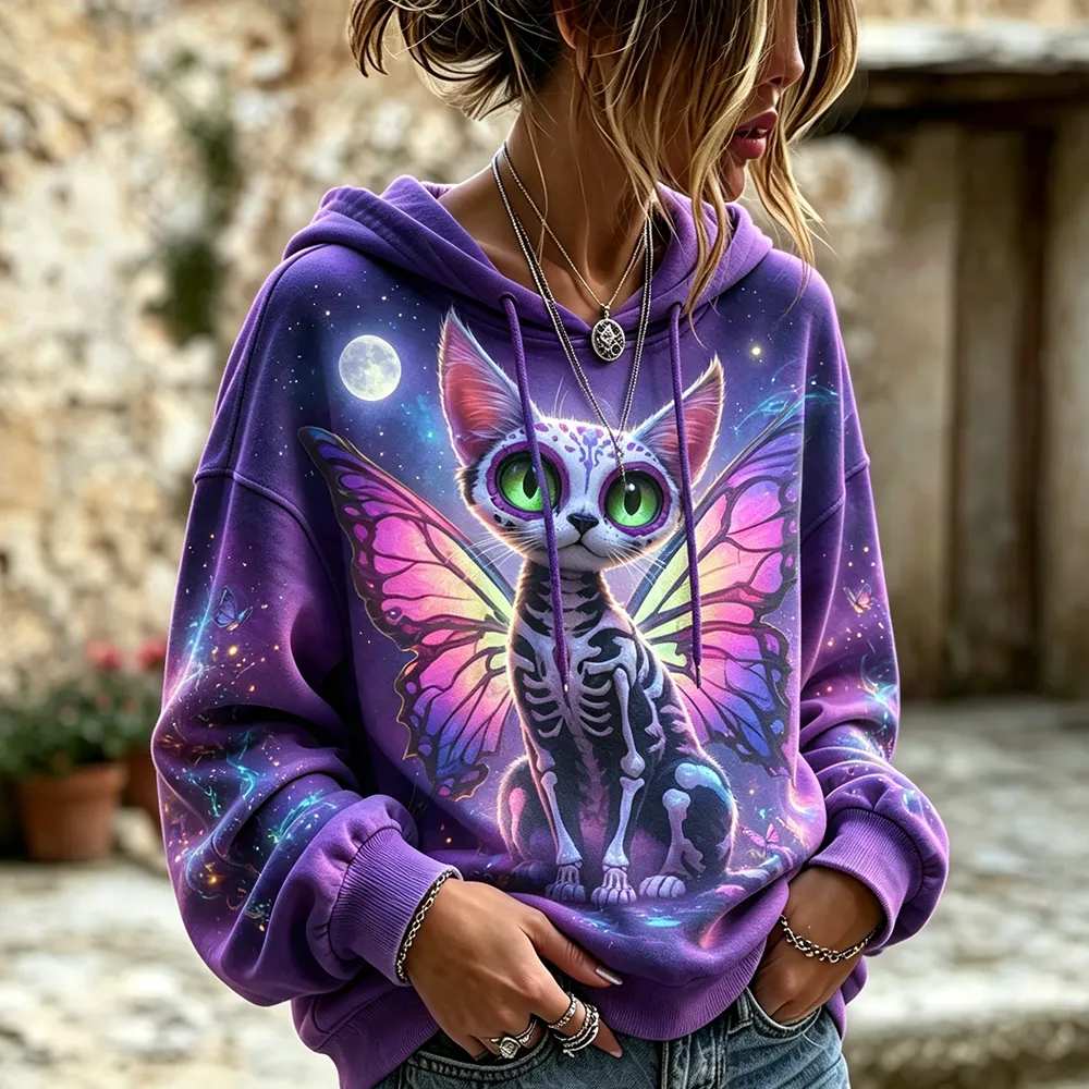 Women's Purple Graphic Pullover Hoodie With Cosmic Skeleton Cat And Butterfly Wings Print artswardrobe