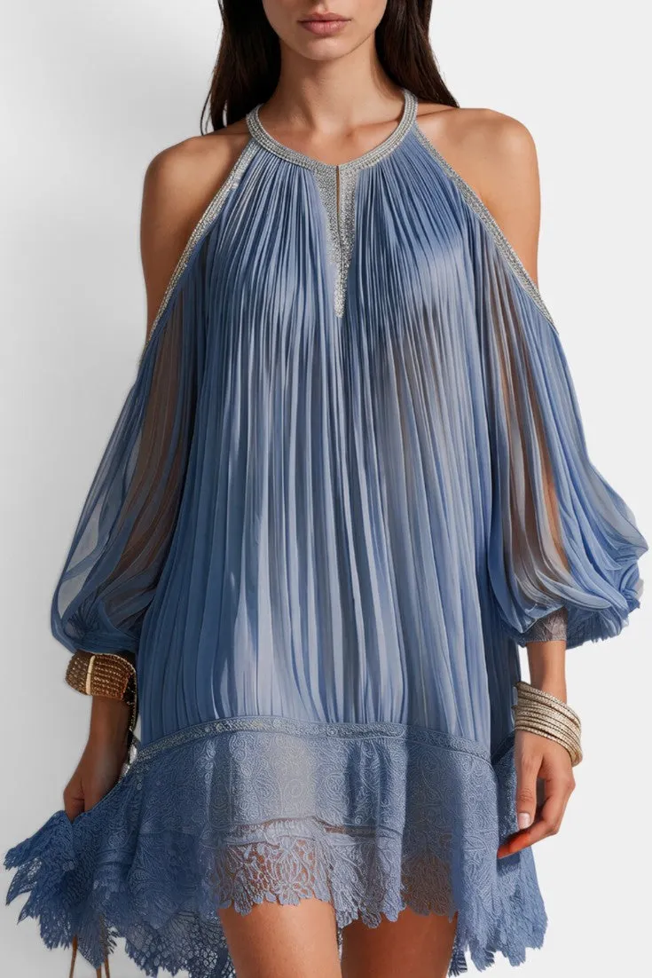 Pleated Cold-Shoulder Mini Dress with Lace Hem