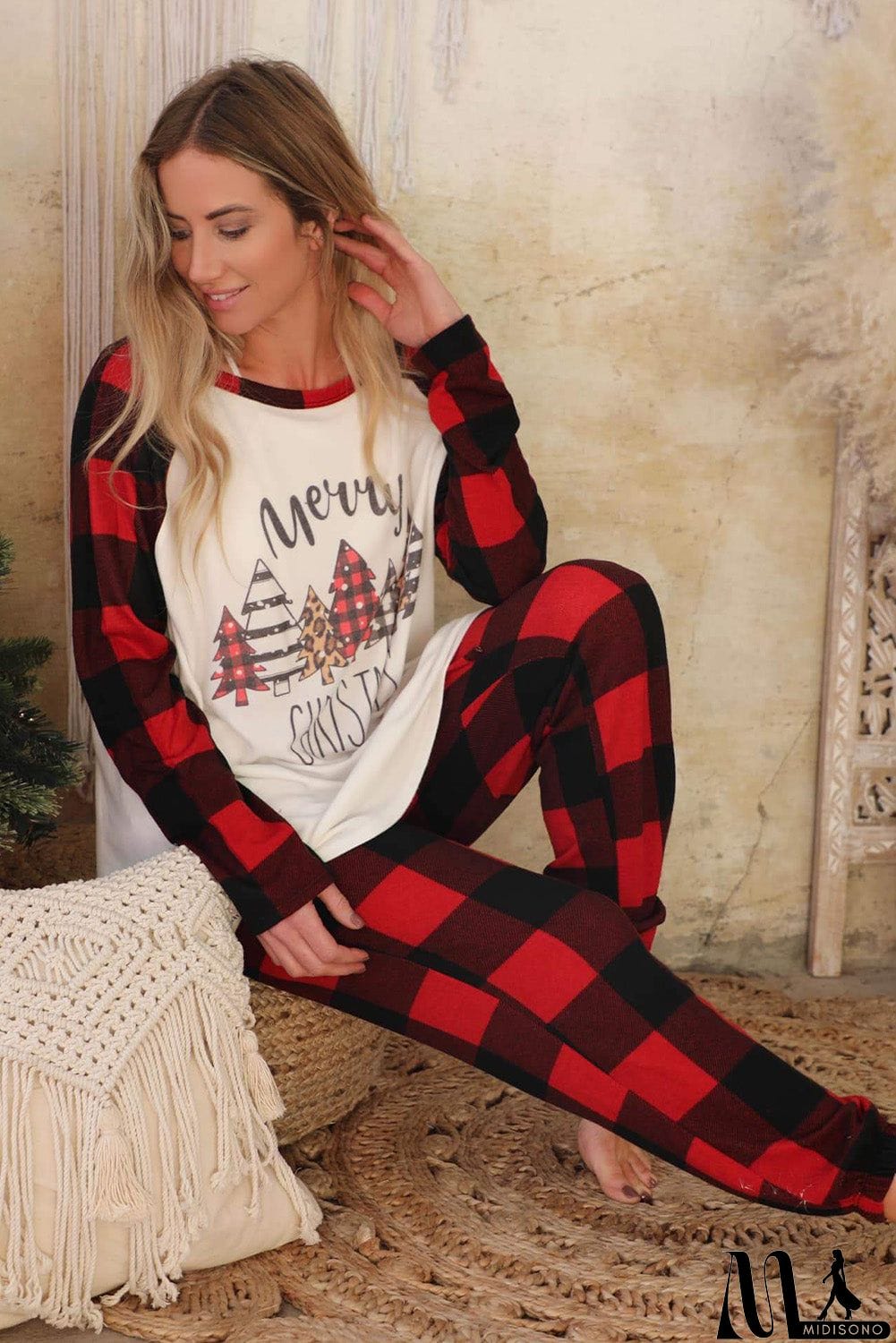 MidiSono - Plaid Merry Christmas Graphic Loungewear Set