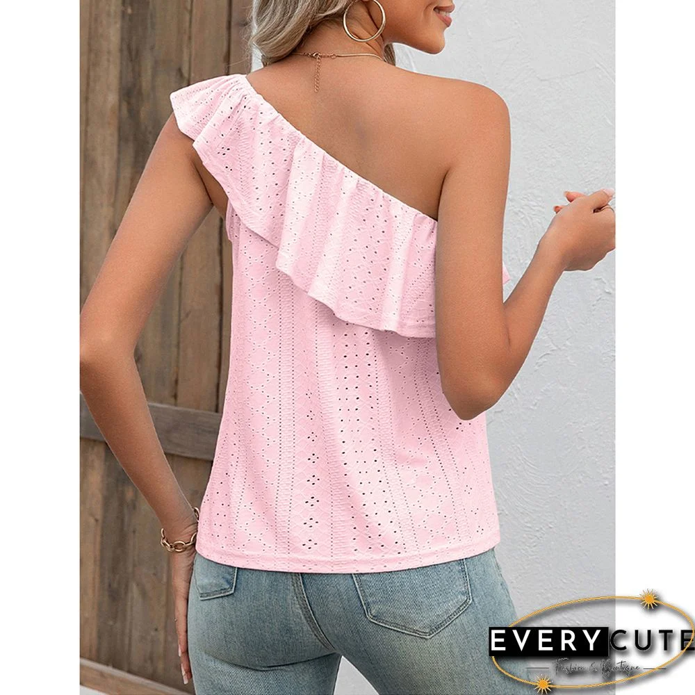 Pink Ruffled One Shoulder Tank Tops