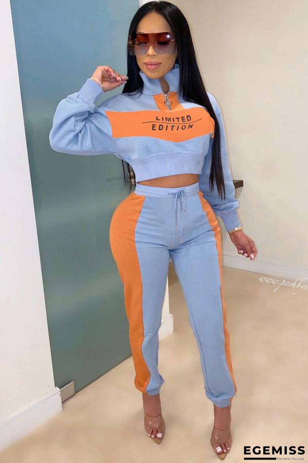 As Show adult Fashion Casual Patchwork Two Piece Suits Letter Print pencil Long Sleeve | EGEMISS