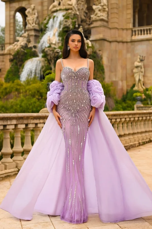 Lilac Attractive Spaghetti-Straps Beadings Mermaid Prom Dress With Train YK0123