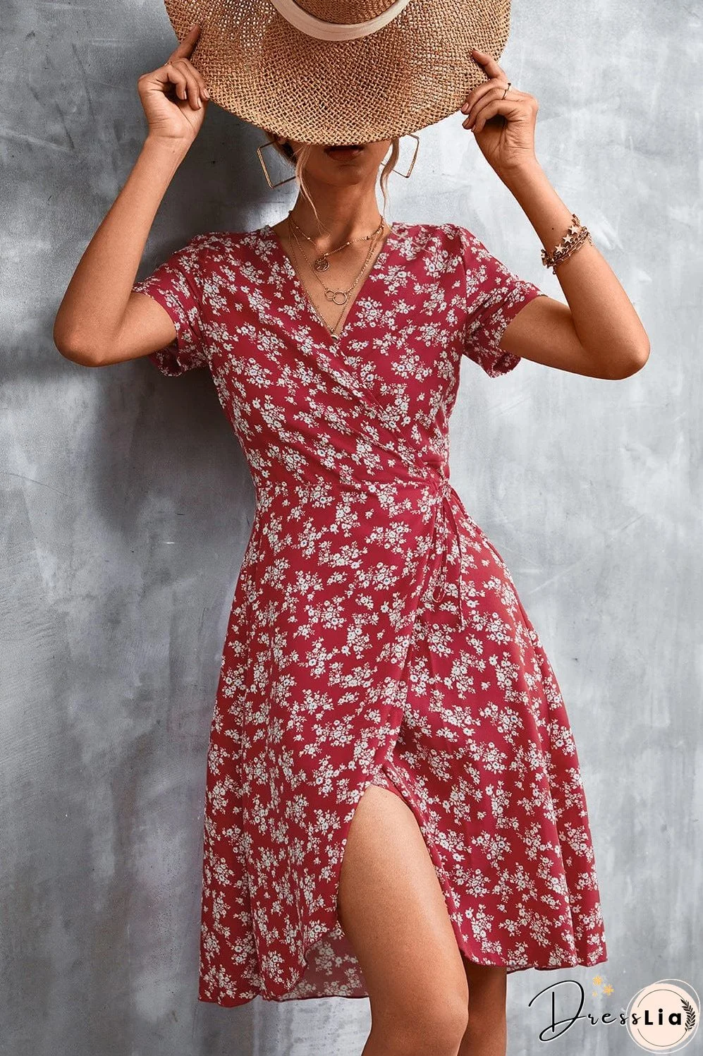 Floral Surplice Neck Flutter Sleeve Dress