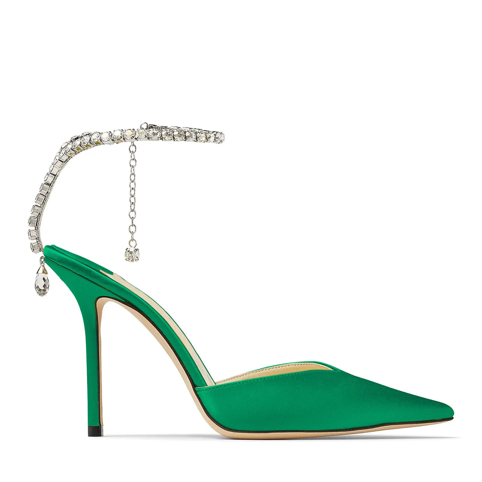 100mm Women's Sandals Crystal Chain Ankle Straps Rhinestones Buckle Heels Stiletto Satin Dress Shoes-vocosishoes