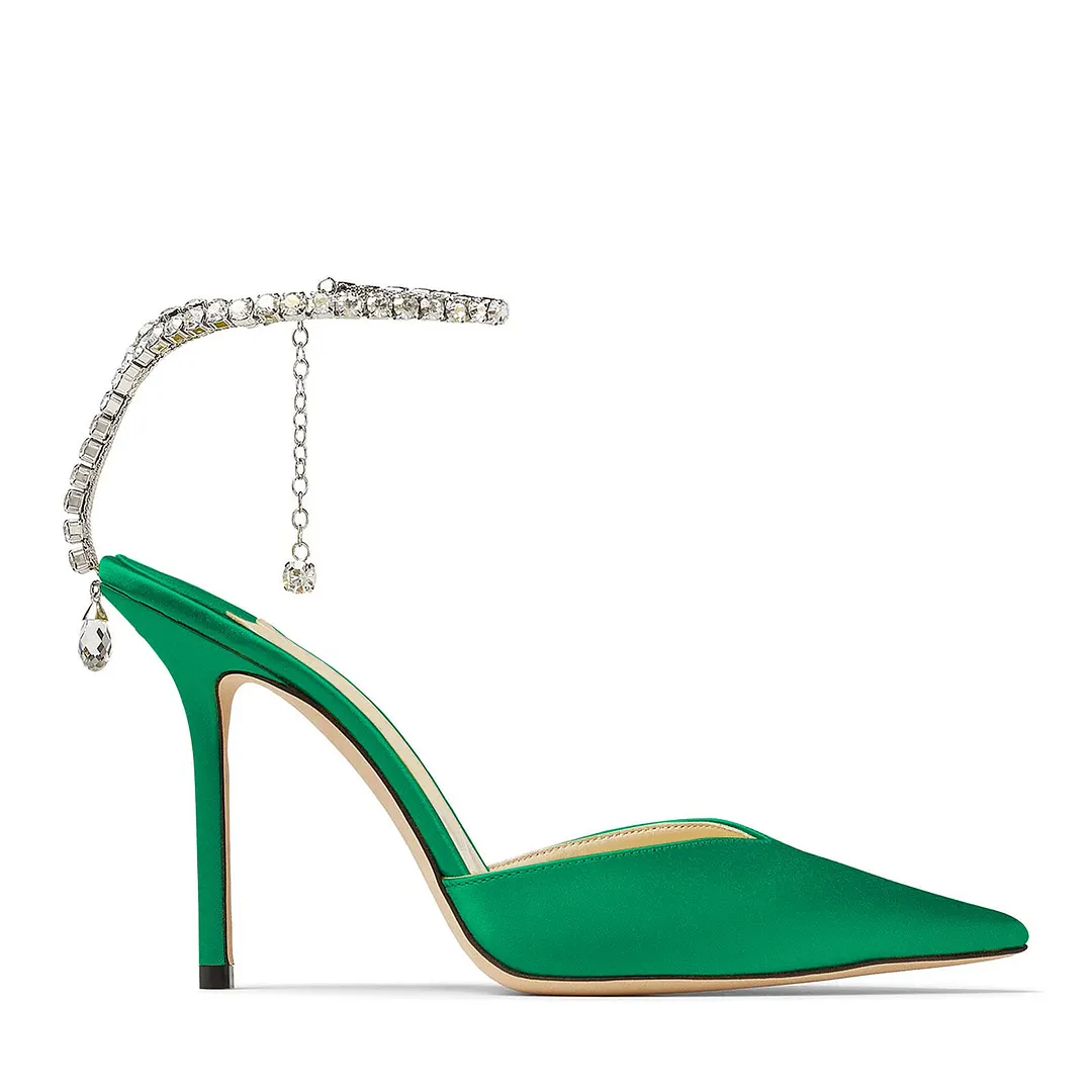 100mm Women's Sandals Crystal Chain Ankle Straps Rhinestones Buckle Heels Stiletto Satin Dress Shoes-vocosishoes