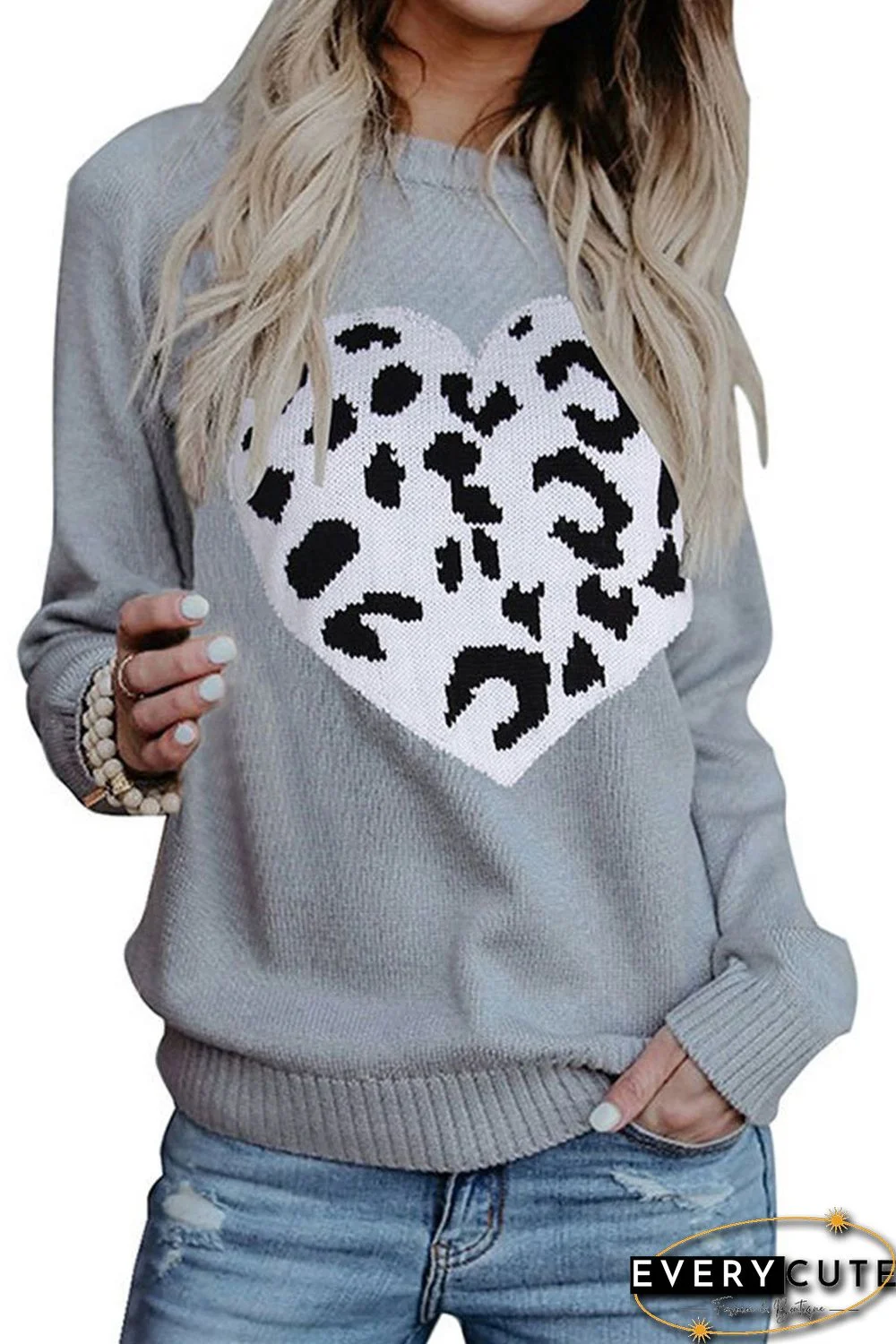 Gray Leopard Heart Pattern Casual Sweater