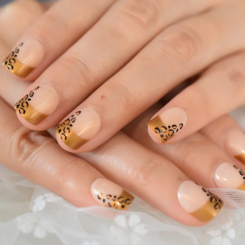 Multi-color Short Square False Nails Golden Fringe Press On Nails Tips Adorn With Gold Glitter Fake Nails Leopard Pattern