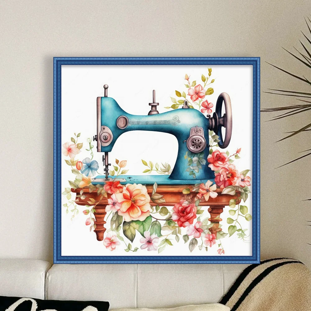 DIY Stamped Cross Stitch 14CT Full Embroidery 40*40cm - Vintage Flower Sewing Machine