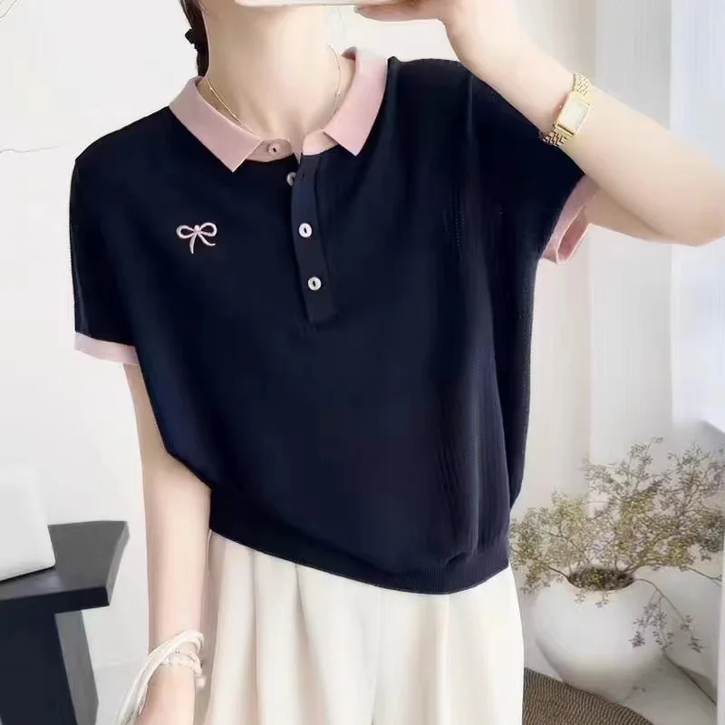 Athvotar Athvotar Collared Thorned Bow Embroidered Short-Sleeved T-Shirt Girl's Small Fragrant Wind Age Relaxed Temperament Ice Silk Knitted Shirt Tide