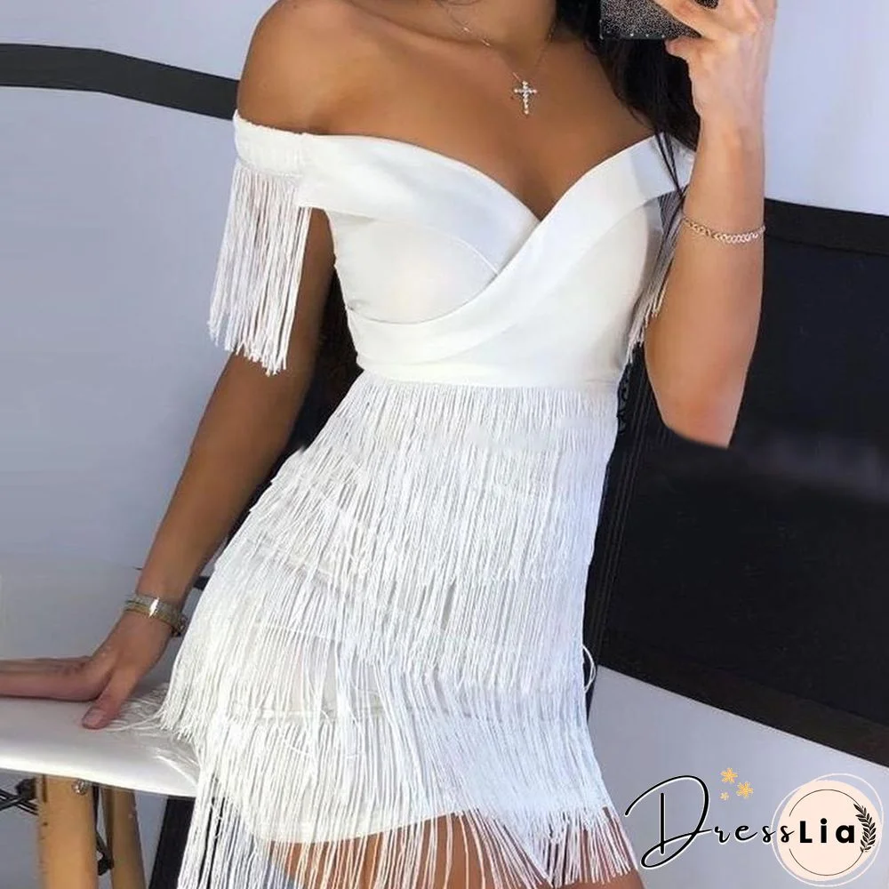 Women's Wedding Halter Mini Dress With White Tassels Off-the-shoulder Elegant Party Evening Dress