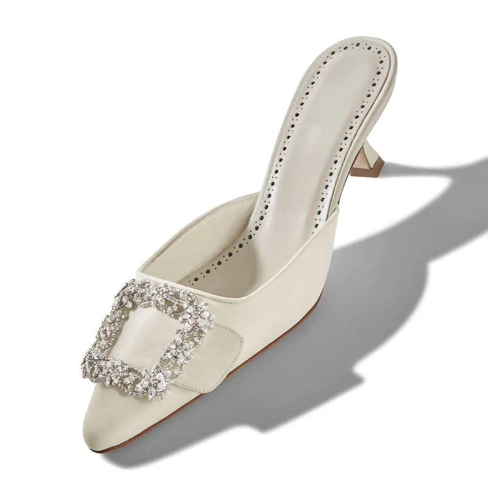 Ivory Pointed Toe Slip-On Mule Kitten Heels with Crystal Buckle