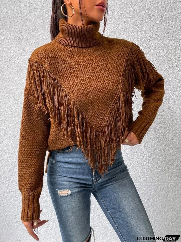Stylish Long Sleeves Tasseled Split-Joint High-Neck Sweater Tops